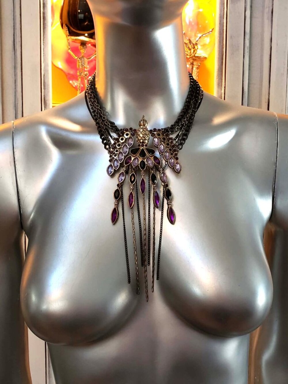 Vintage Betsey Johnson Phoenix Rises Statement Necklace Purple Rhinestone Bird